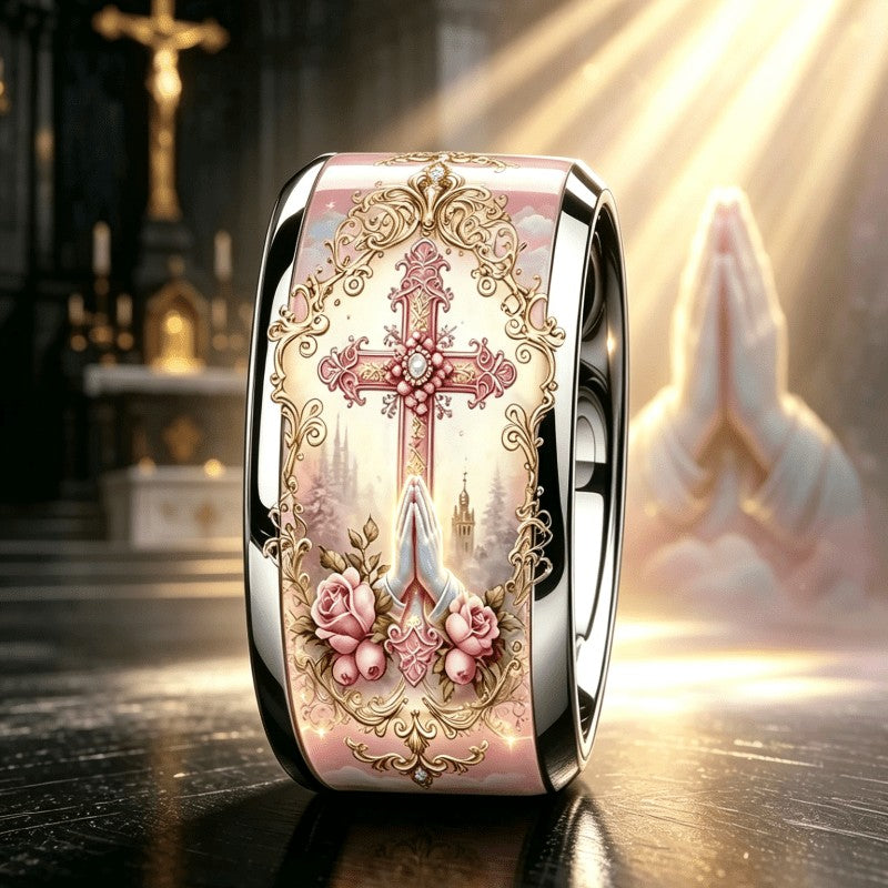 Pink Floral Cross & Prayer Hands Ring
