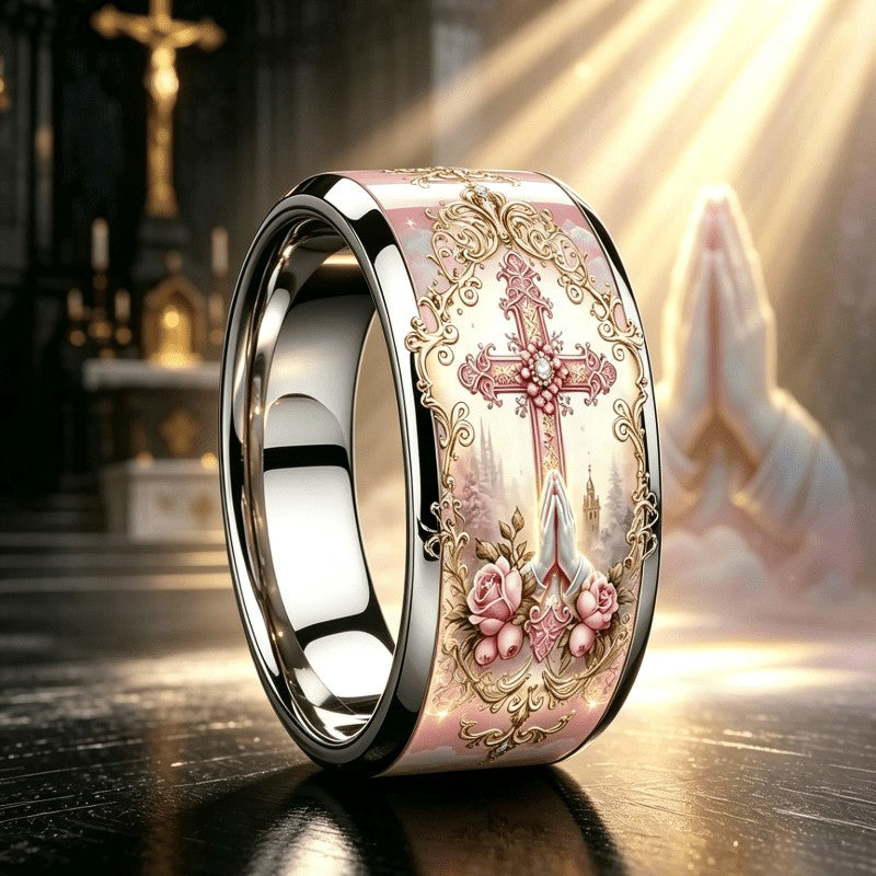 Pink Floral Cross & Prayer Hands Ring