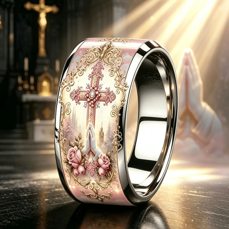 Pink Floral Cross & Prayer Hands Ring