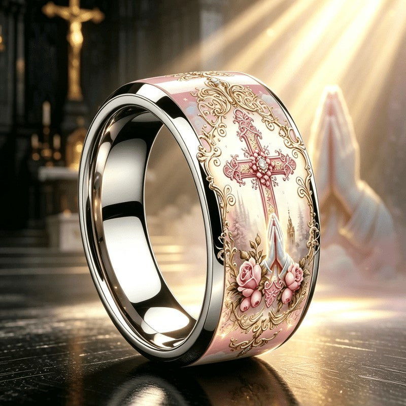 Pink Floral Cross & Prayer Hands Ring