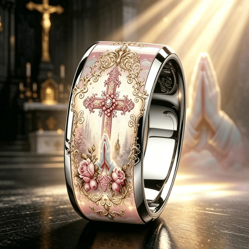 Pink Floral Cross & Prayer Hands Ring