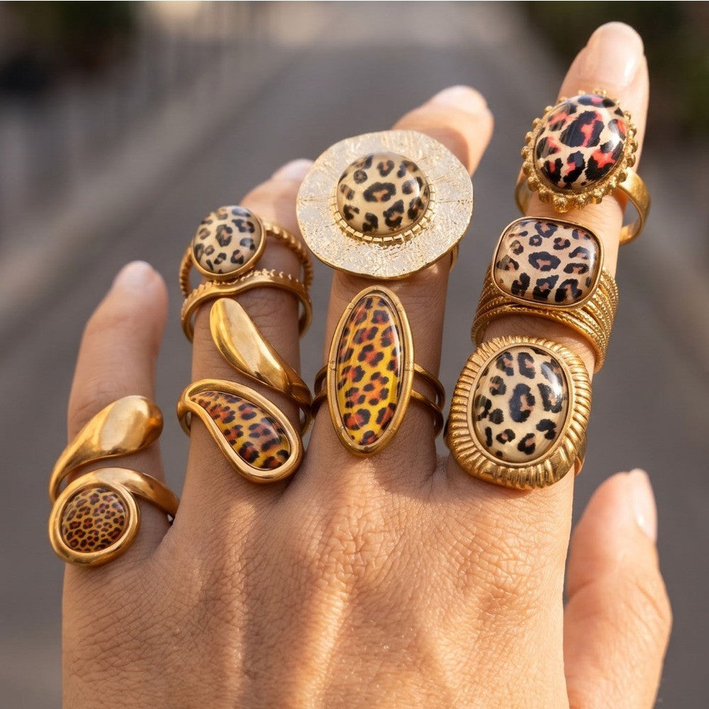 Mixed Leopard Print Statement Ring Set