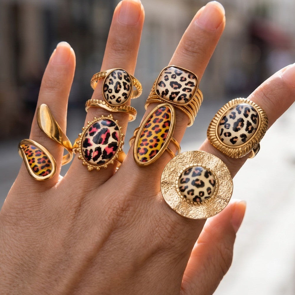 Mixed Leopard Print Statement Ring Set