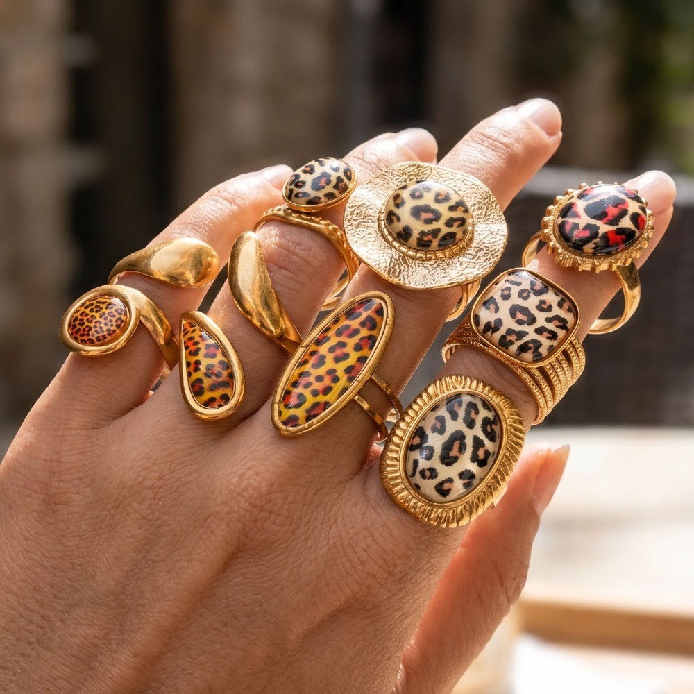 Mixed Leopard Print Statement Ring Set