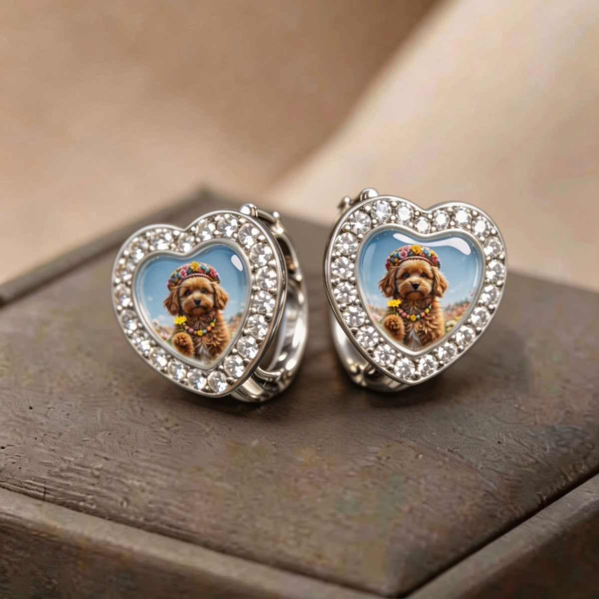 Crystal Heart Flower Crown Puppy Hoop Earrings
