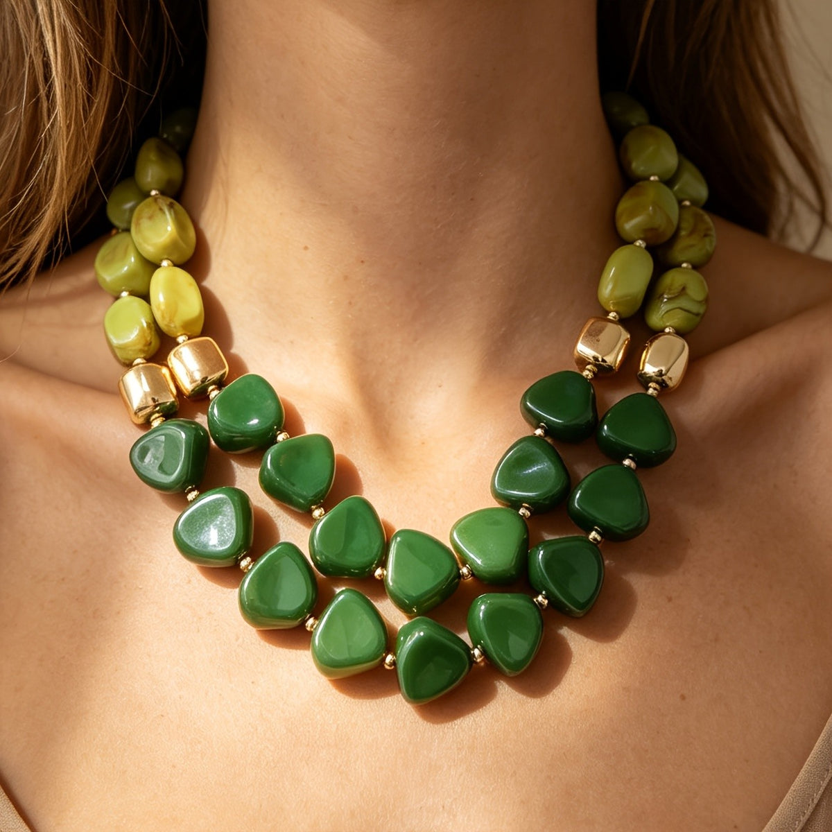 Green Teardrop Layered Necklace
