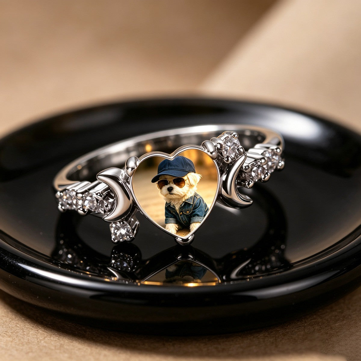 Puppy Cap Heart & Moon Ring