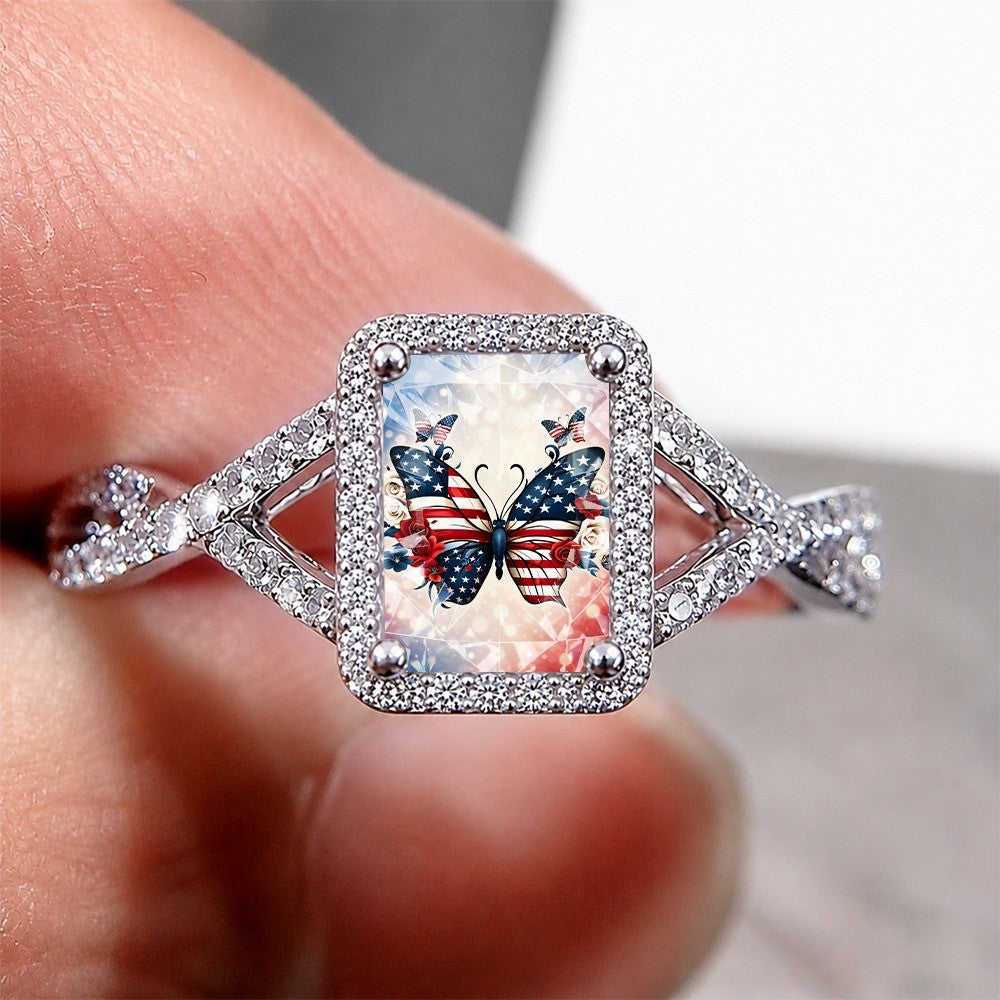 Patriotic Butterfly & Rose Square Ring