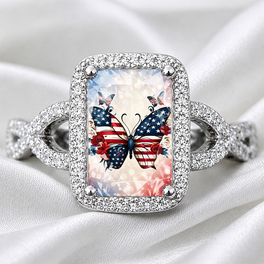 Patriotic Butterfly & Rose Square Ring