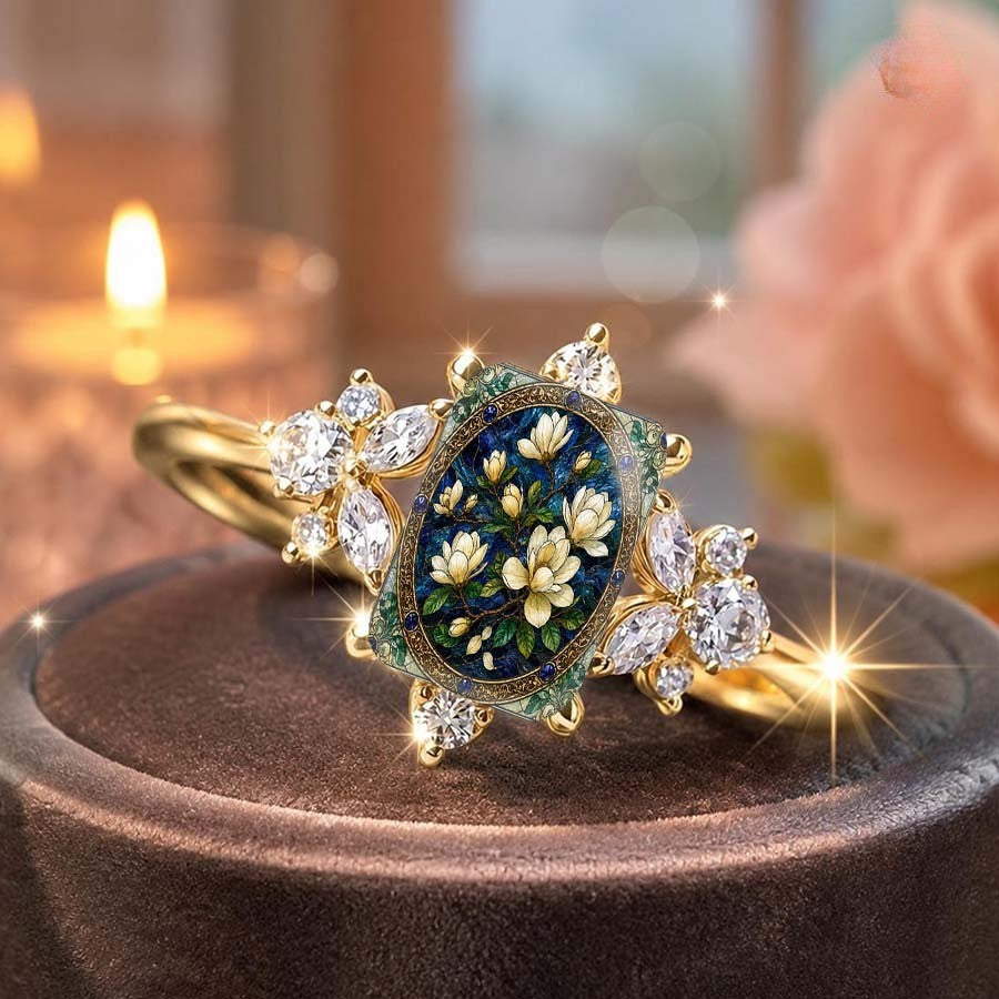 Blue Magnolia Crystal Oval Ring