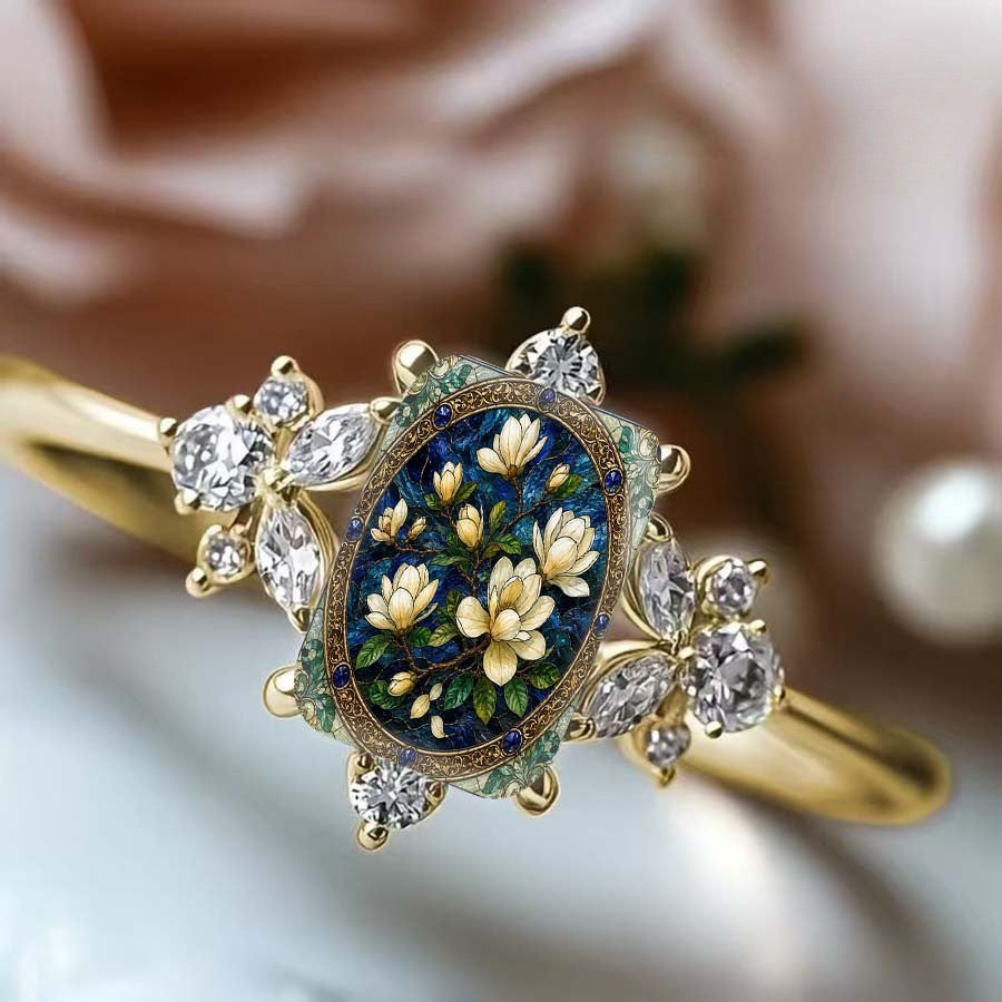 Blue Magnolia Crystal Oval Ring