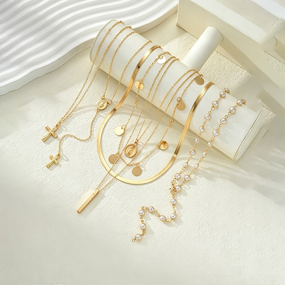 Layered Coin & Cross Necklace Set