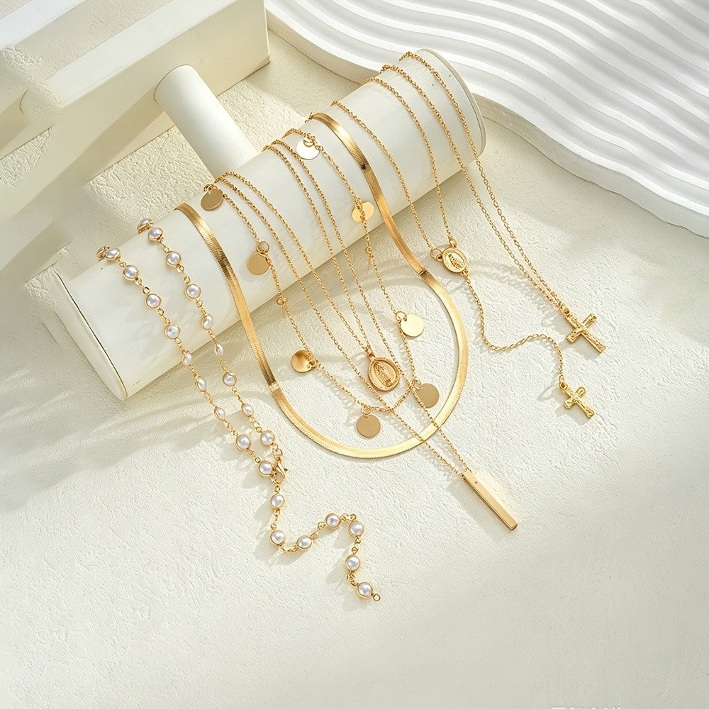 Layered Coin & Cross Necklace Set