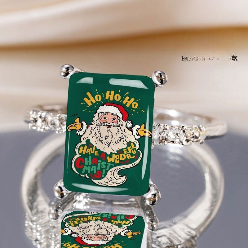 Green Santa Claus Text Square Ring