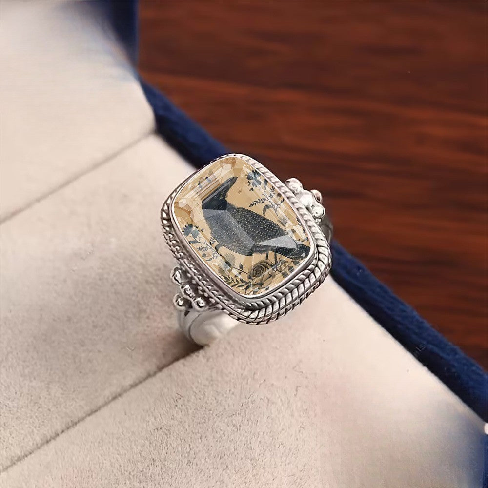 Crow & Floral Square Ring