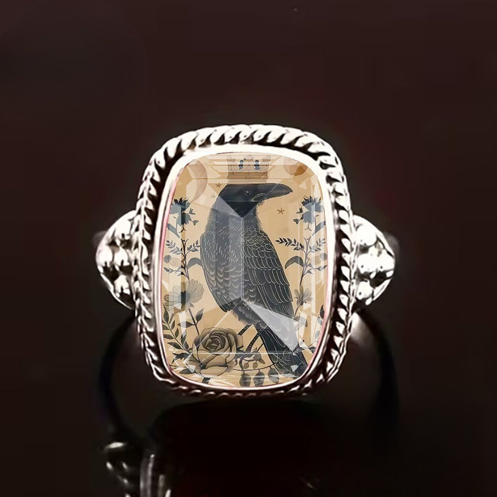 Crow & Floral Square Ring