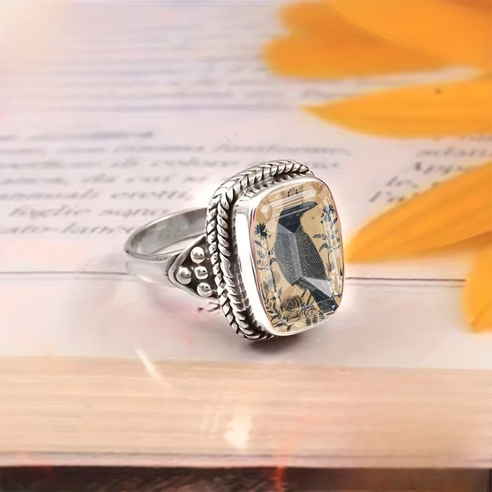 Crow & Floral Square Ring