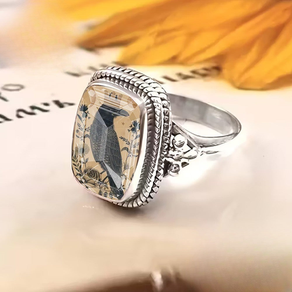 Crow & Floral Square Ring