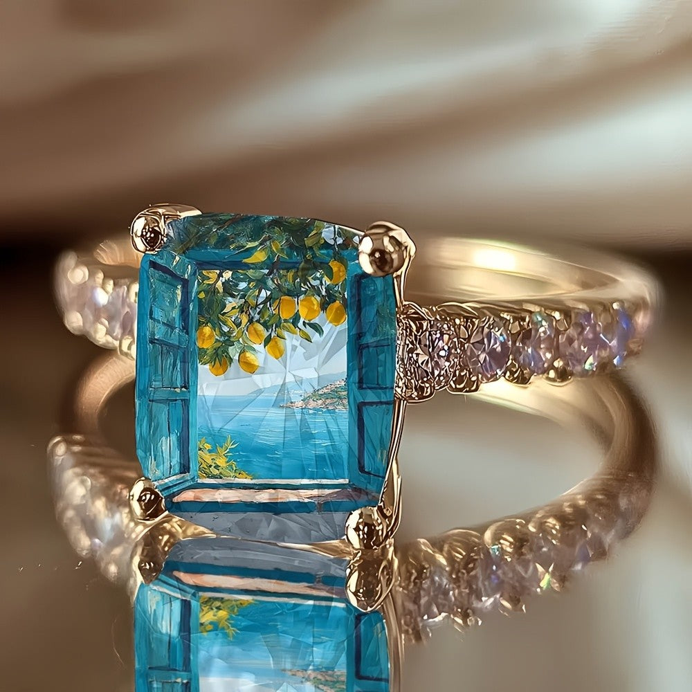 Blue Window Scene Square Ring