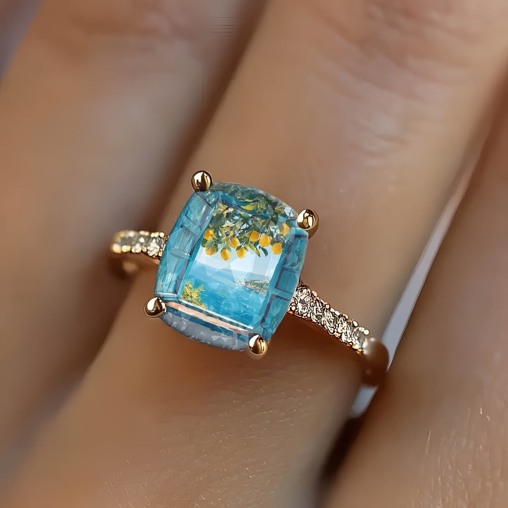 Blue Window Scene Square Ring