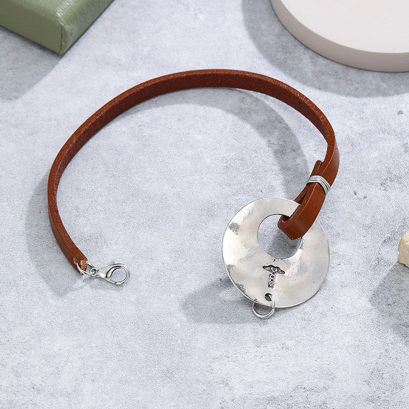 Silver Disc & Leather Bracelet