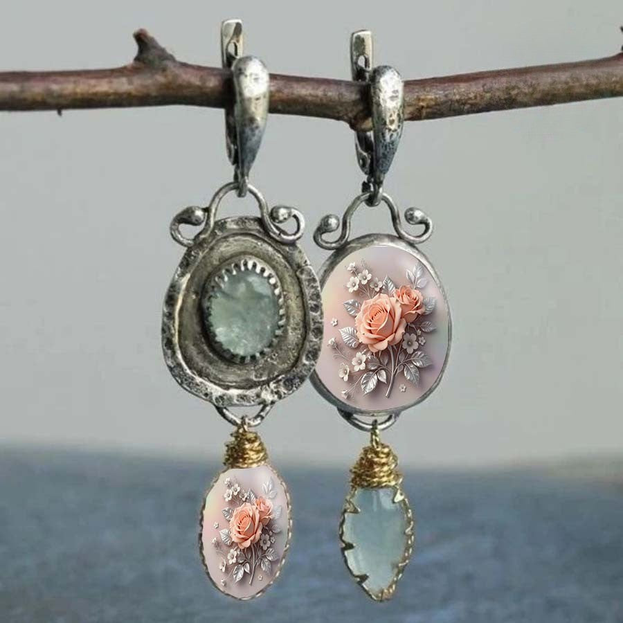 Vintage Rose & Seafoam Asymmetrical Drop Earrings