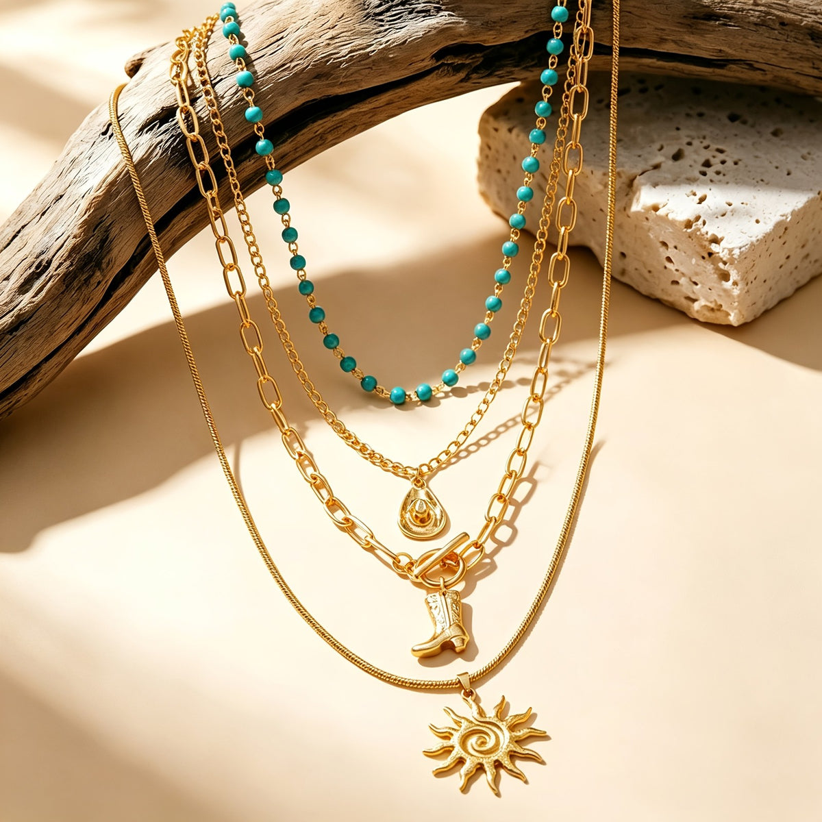 Sun & Boot Layered Necklace Set
