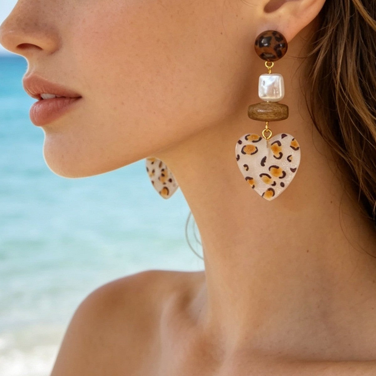 Leopard Beaded Heart Drop Earrings