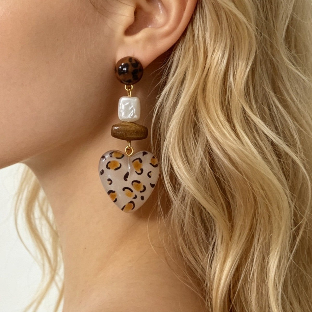 Leopard Beaded Heart Drop Earrings