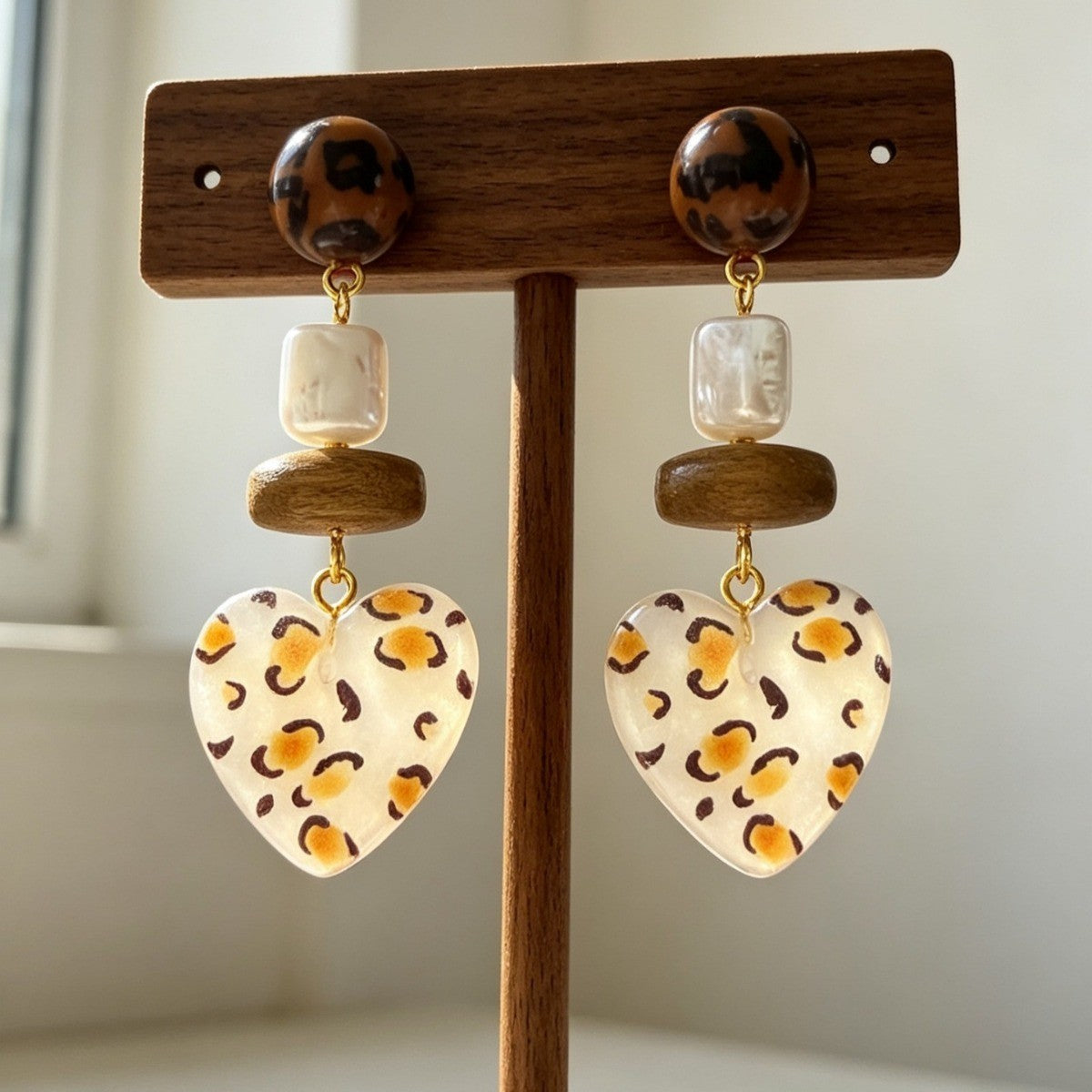 Leopard Beaded Heart Drop Earrings