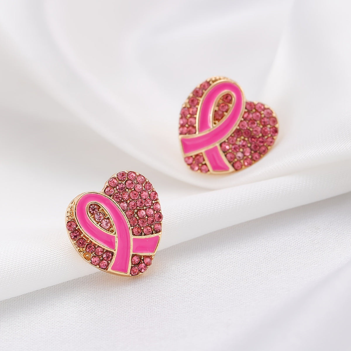 Pink Ribbon Heart Stud Earrings