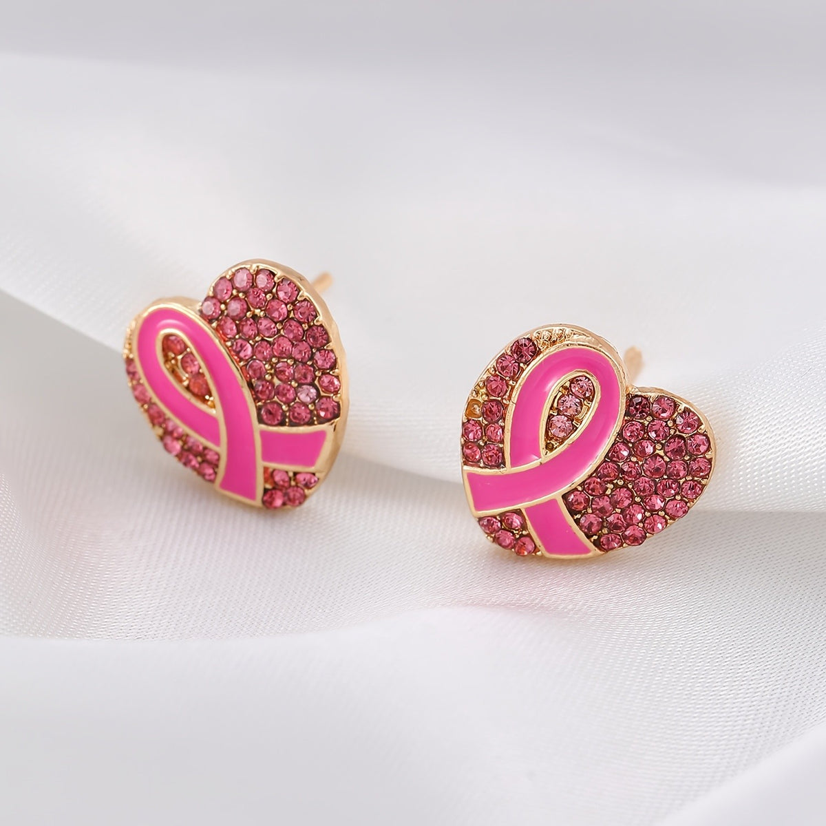 Pink Ribbon Heart Stud Earrings