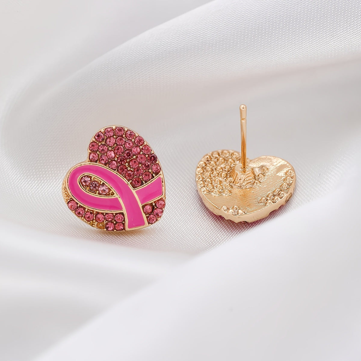 Pink Ribbon Heart Stud Earrings