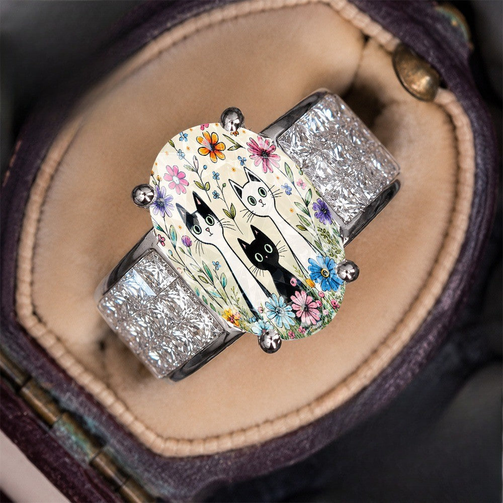 Three Cat Floral Statement Ring