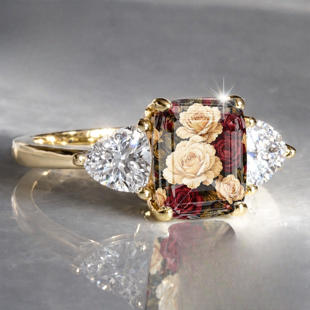 Floral Glass Three-Stone Ring