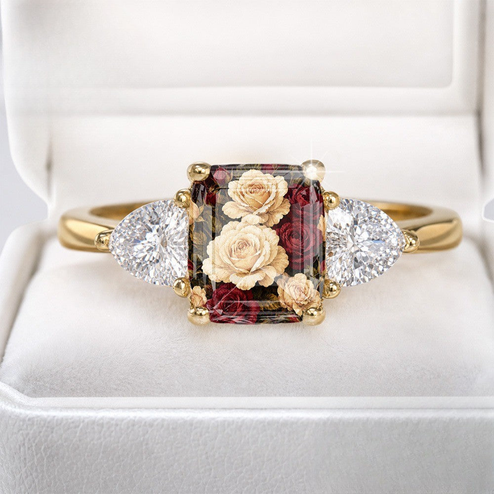 Floral Glass Three-Stone Ring