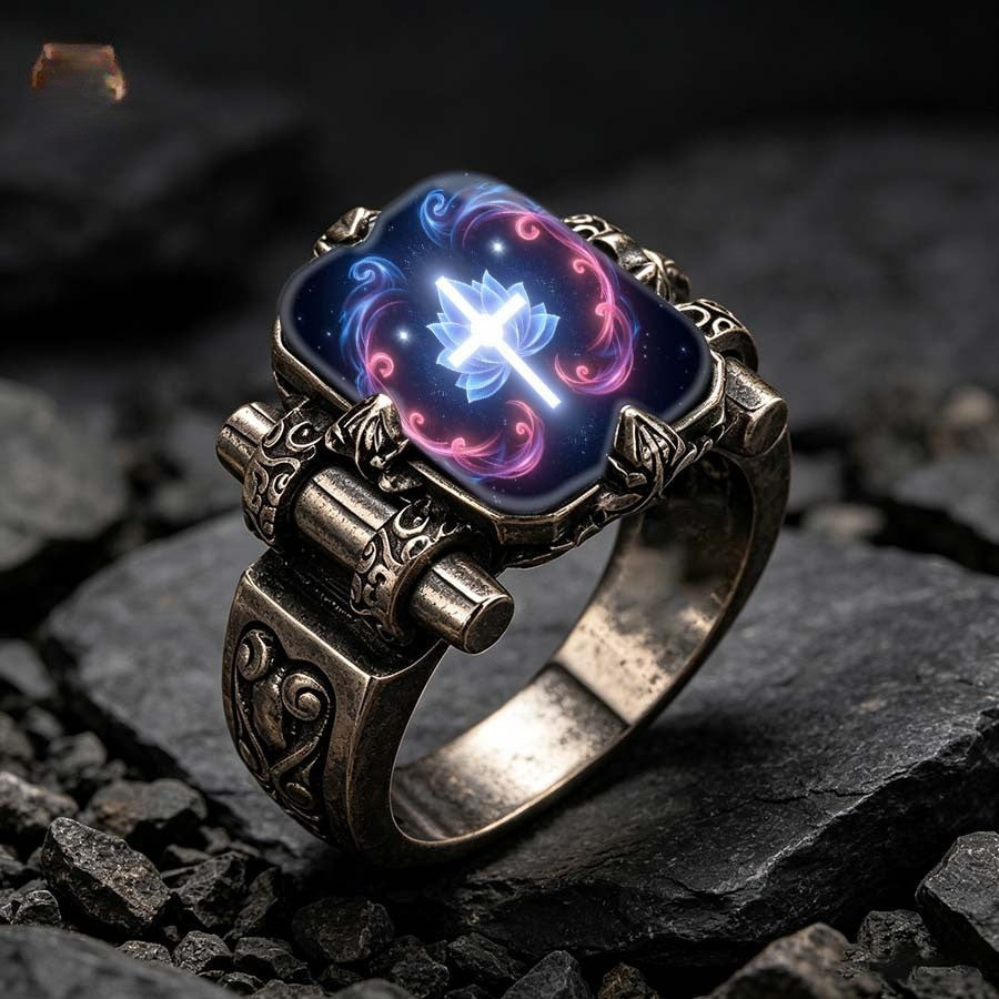 Glowing Lotus Cross Square Ring