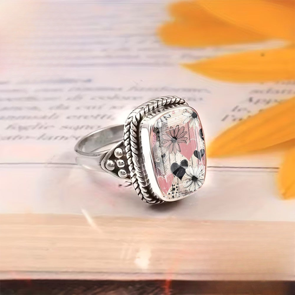 Pink Floral Heart Square Ring