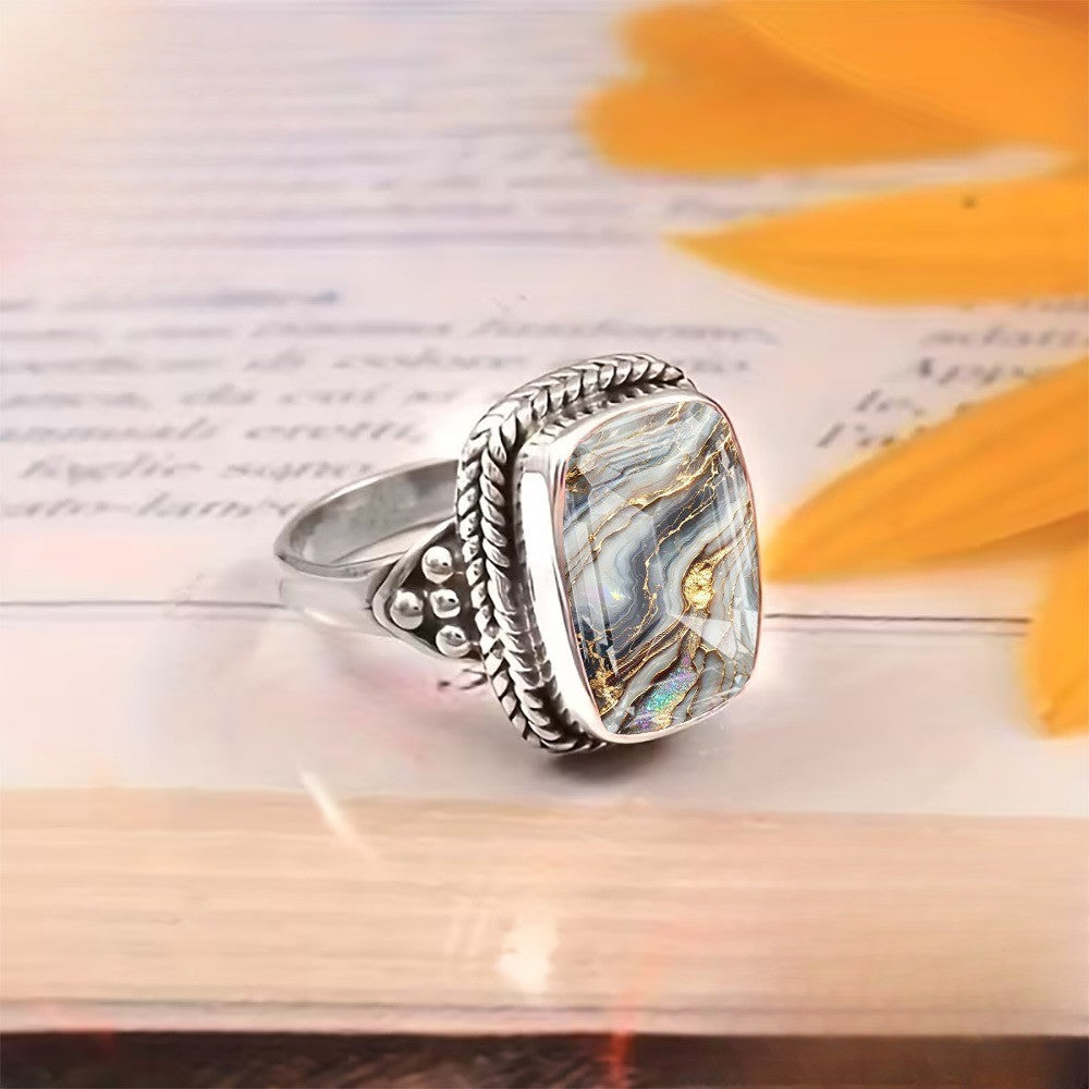 Abstract Gold Vein Square Statement Ring