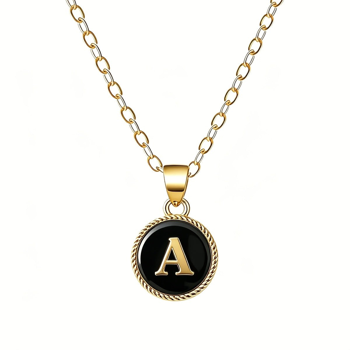 Black Enamel Initial Coin Necklace