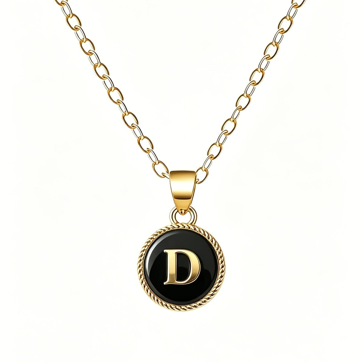 Black Enamel Initial Coin Necklace