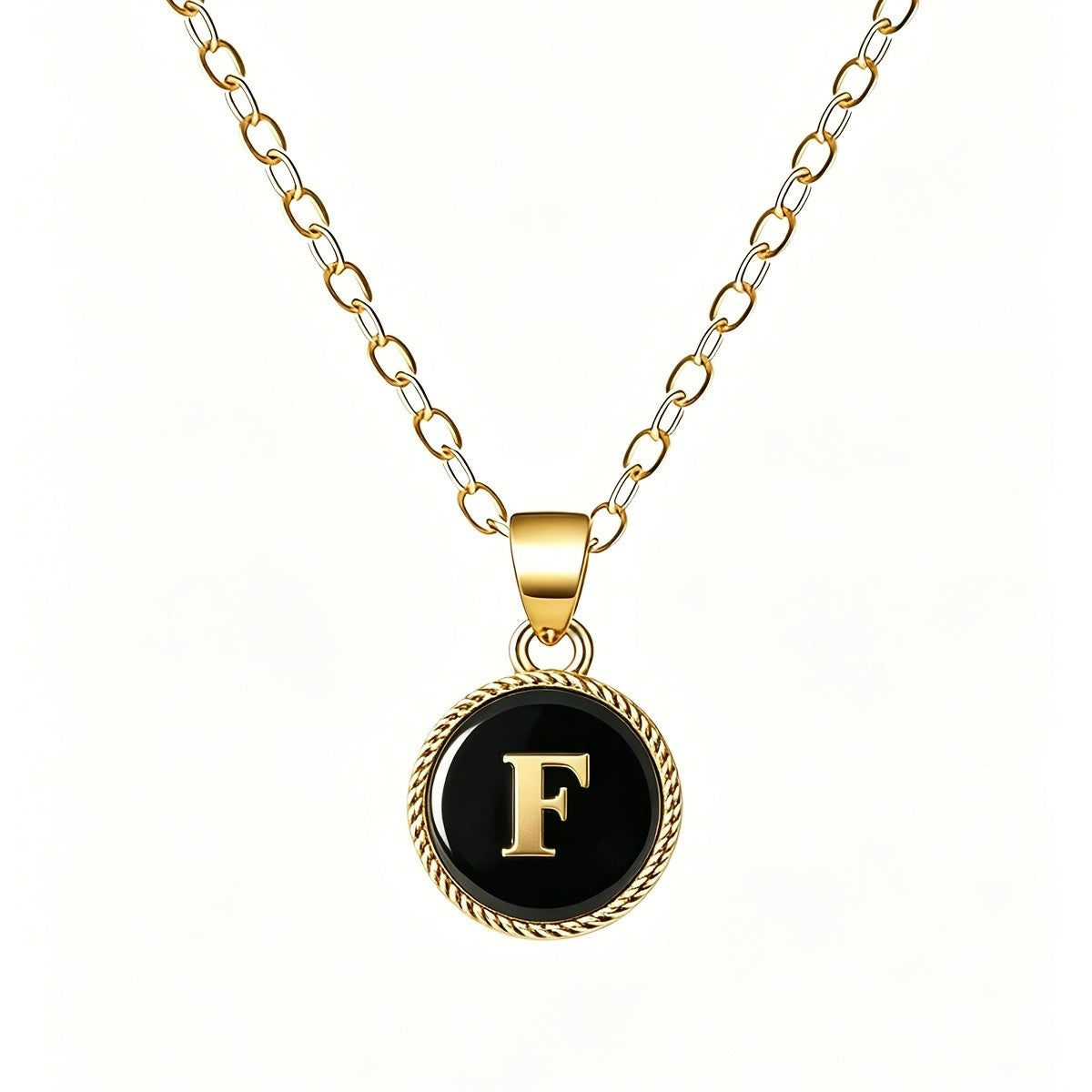Black Enamel Initial Coin Necklace