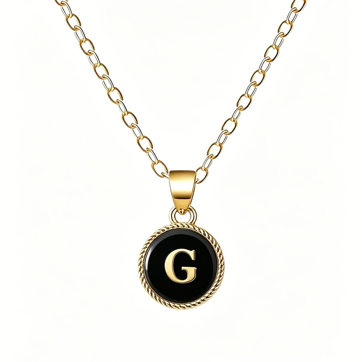 Black Enamel Initial Coin Necklace