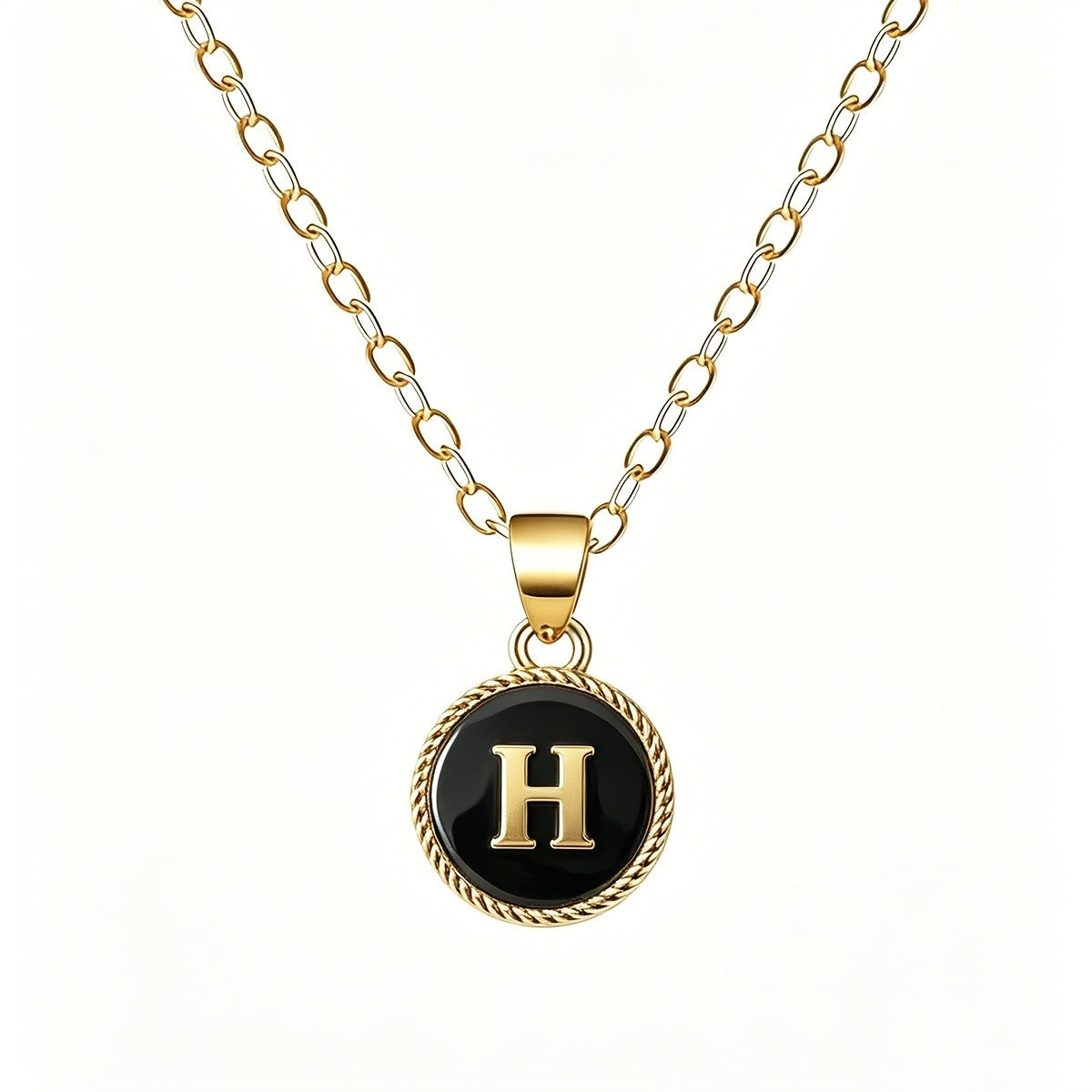 Black Enamel Initial Coin Necklace