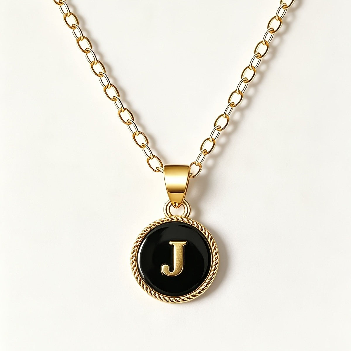 Black Enamel Initial Coin Necklace