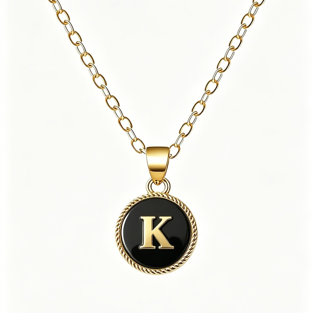 Black Enamel Initial Coin Necklace
