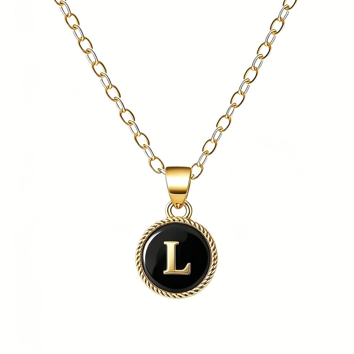 Black Enamel Initial Coin Necklace