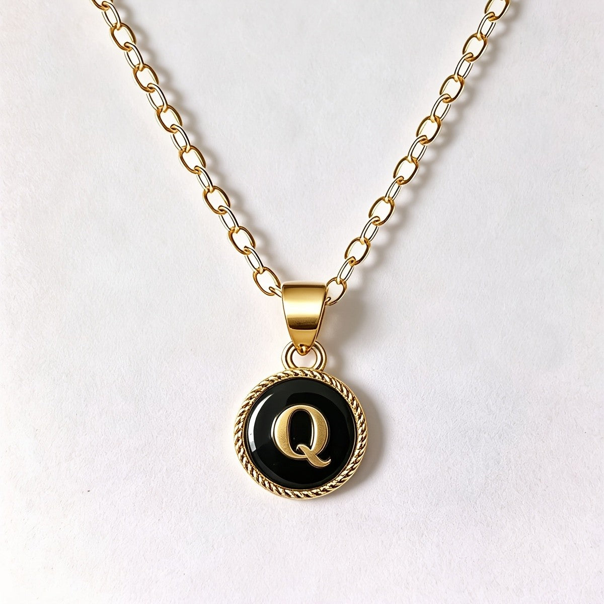 Black Enamel Initial Coin Necklace