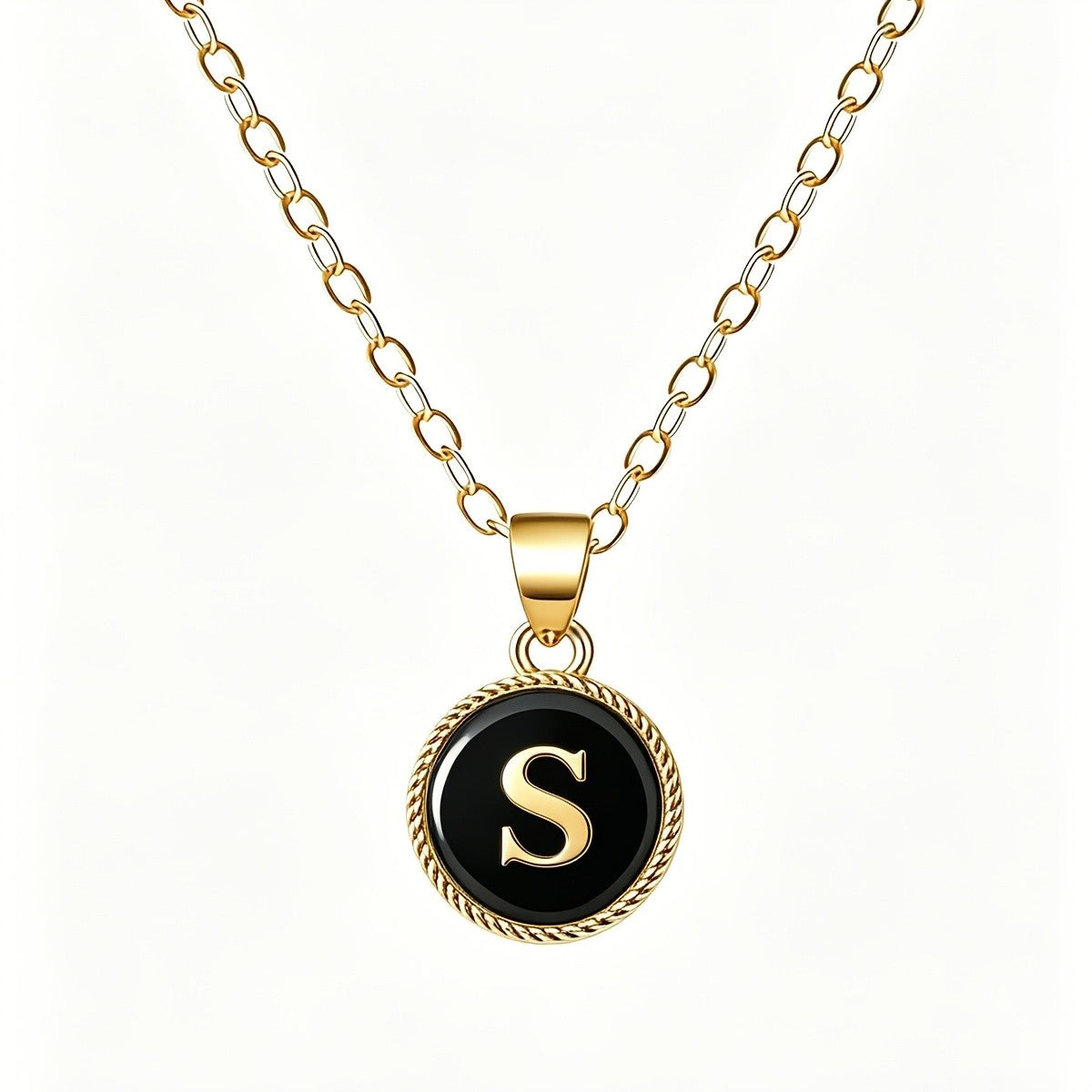 Black Enamel Initial Coin Necklace