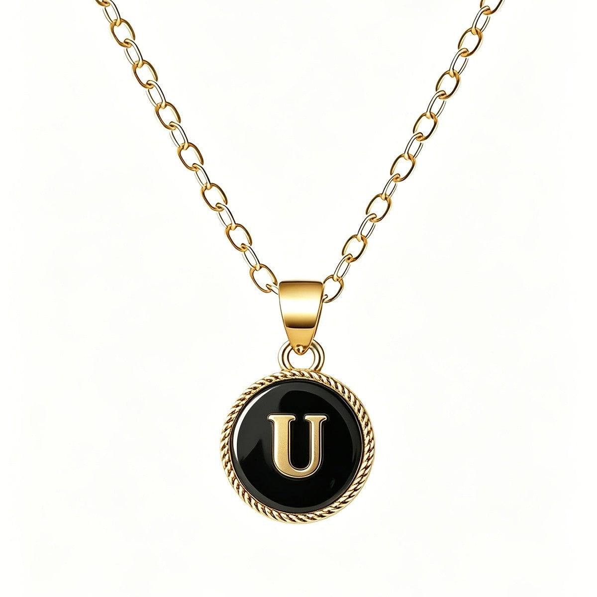 Black Enamel Initial Coin Necklace